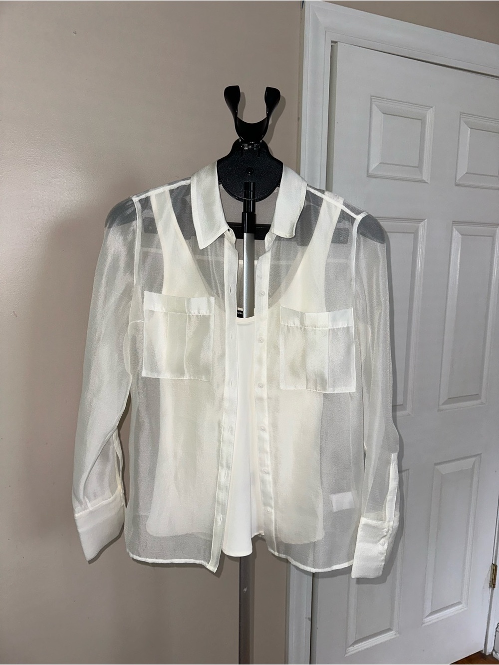 Express Sheer Ivory Button-Front Blouse S & Satin Scoop Neck Tank XS